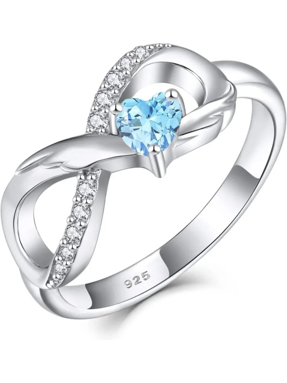 Women Aquamarine Mar 925 Sterling Silver Infinity Promise Angel Wings Heart Ring
